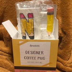 Designer “N” Coffee Mug - Yellow and Pink Pencil Design Teacher gift NEW